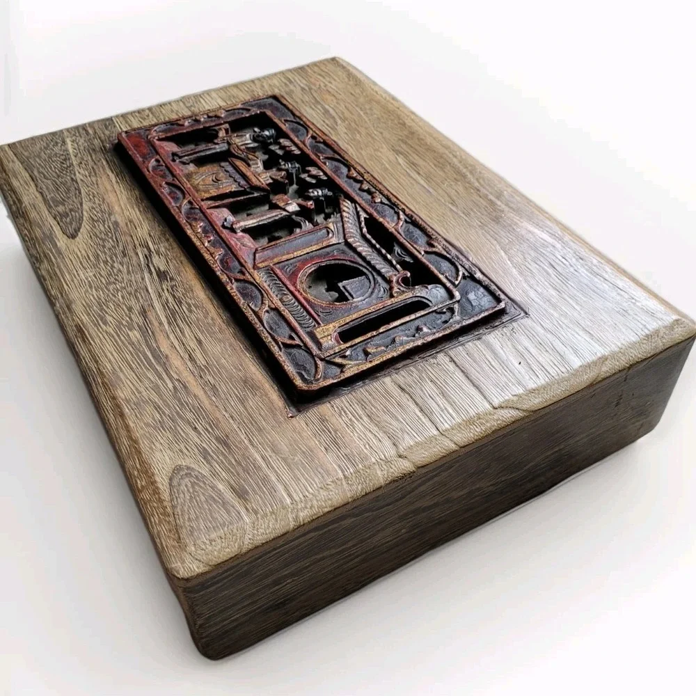 VTG‎ Hand Carved Wood Trinket Box Asian Chinoiserie Relief Scene Jewelry Chest